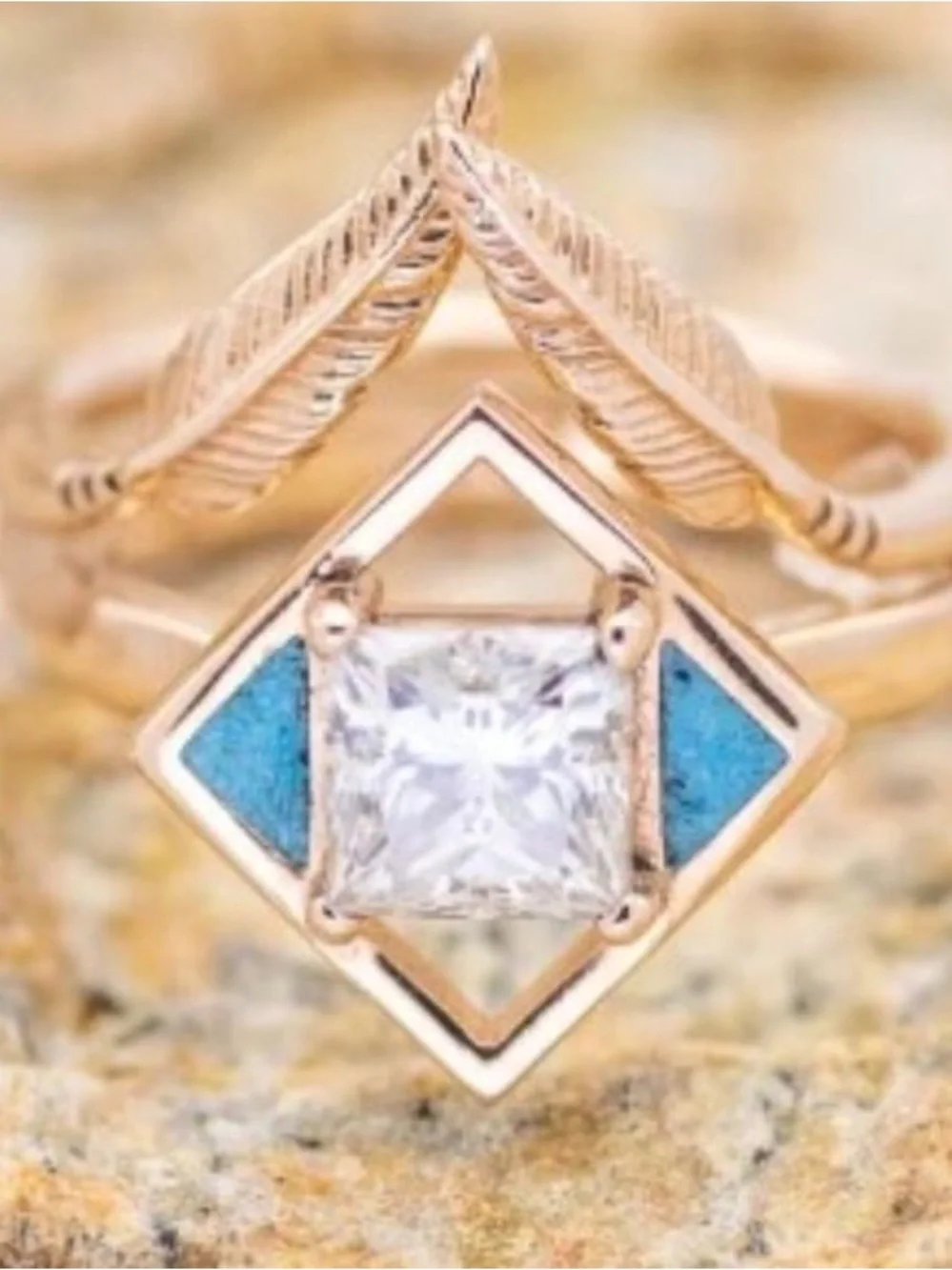 Gold Tone Turquoise Accent Square CZ Ring - Women Jewelry - Picture 9 of 9